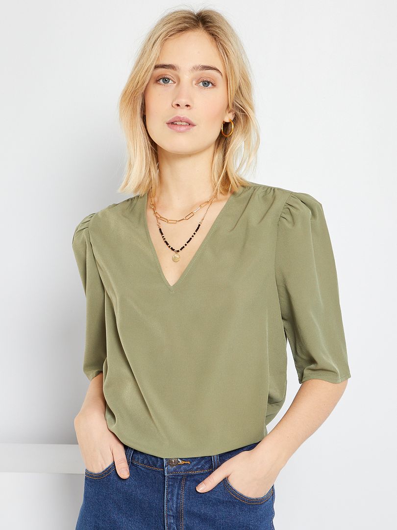 koolstof moeilijk radium Soepelvallende blouse met V-hals - groen - Kiabi - 15.00€